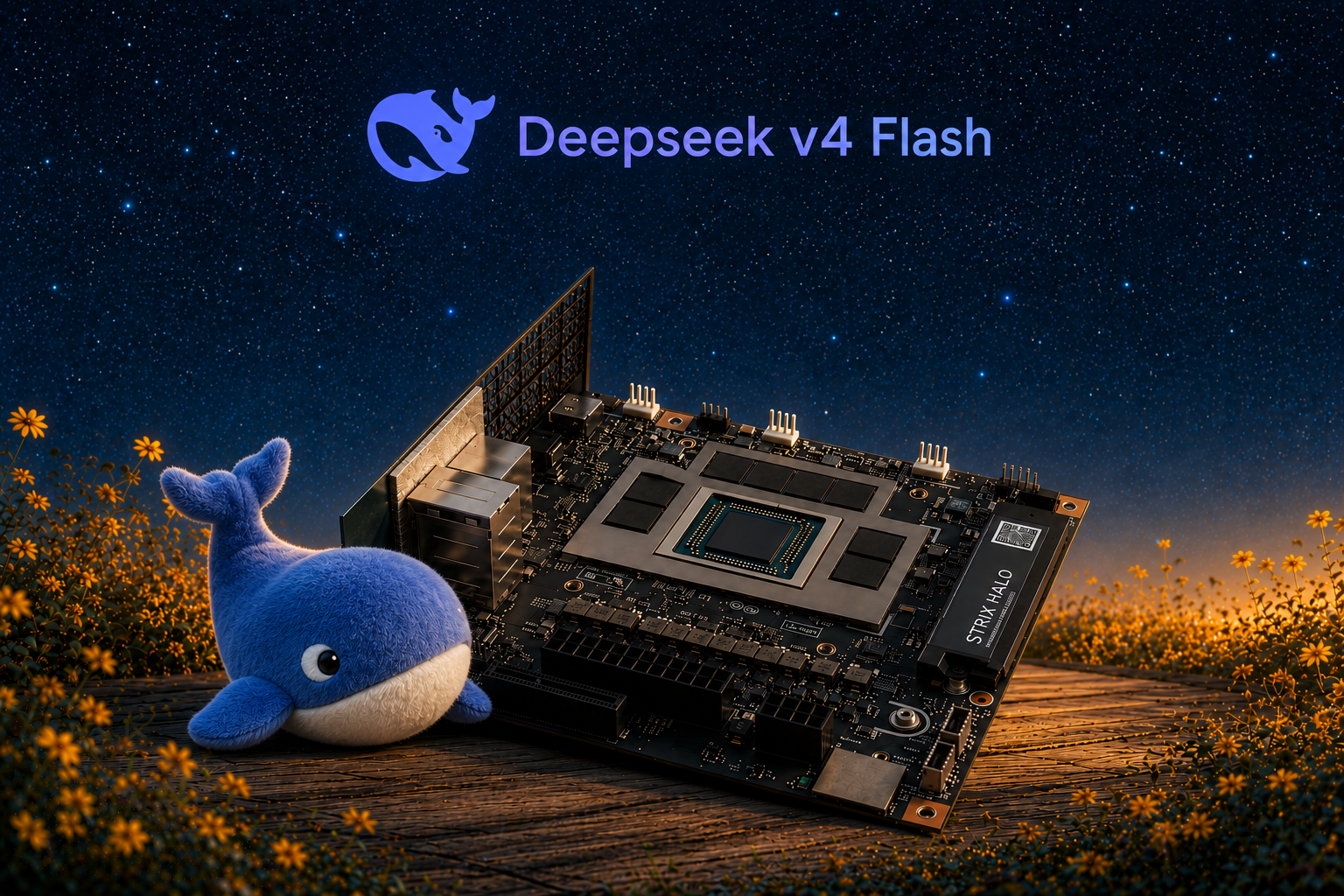 DeepSeek V4 Flash beside AMD Strix Halo unified-memory hardware under a starry sky