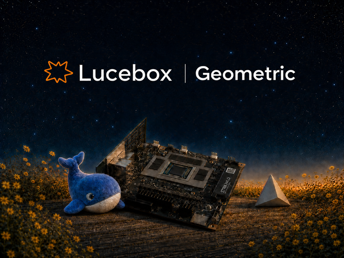 Lucebox and Geometric with AMD Strix Halo hardware and a blue DeepSeek whale under a starry sky