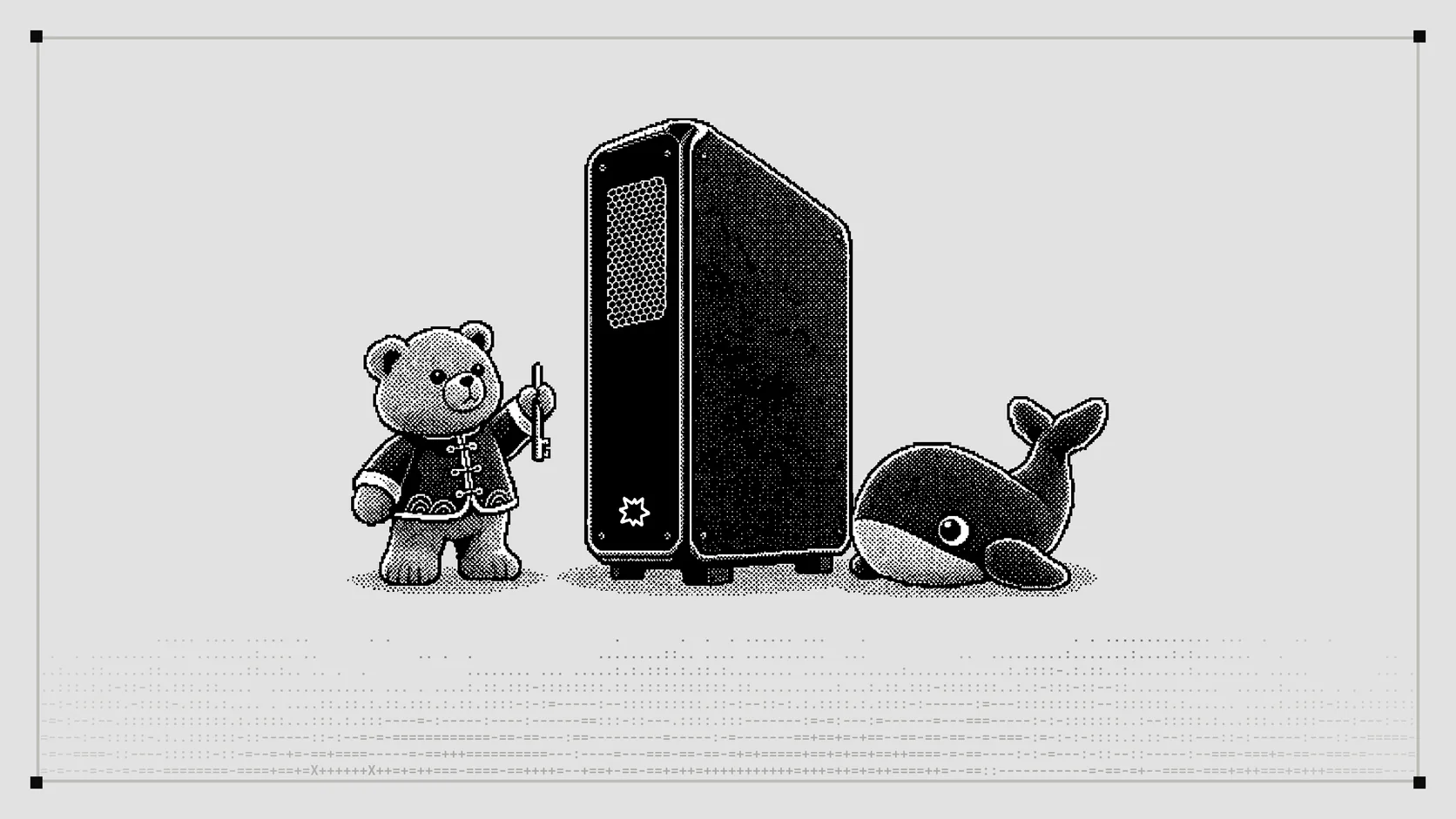 A Lucebox tower, the Qwen bear holding its key on the left and the DeepSeek whale on the right