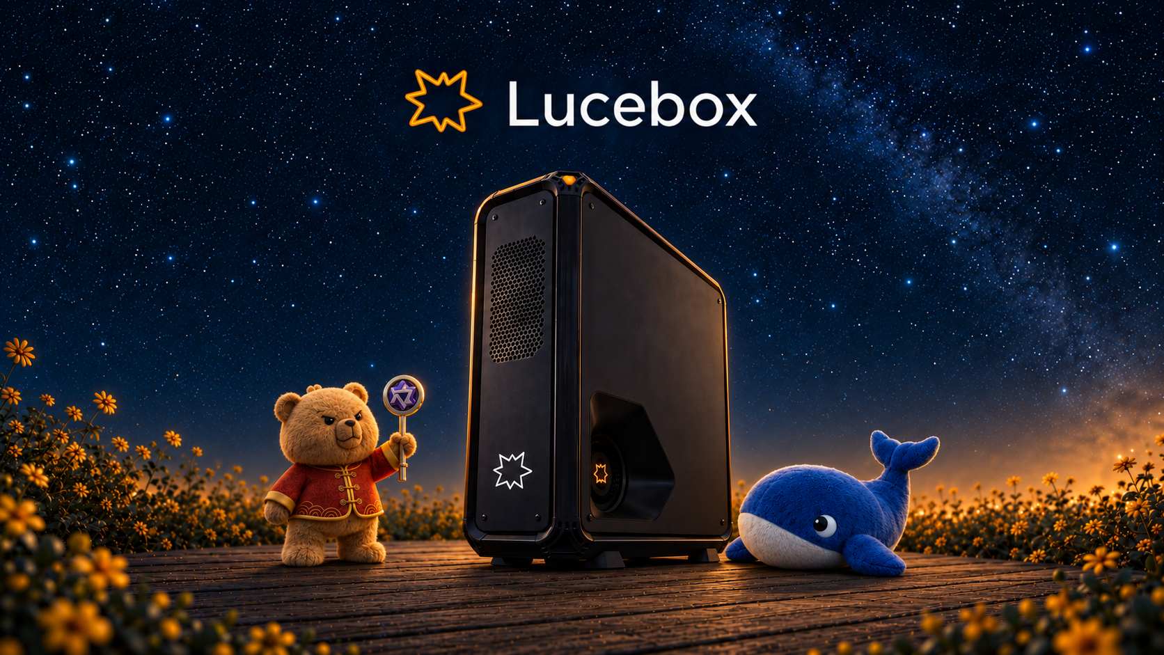 A Lucebox tower on a wooden deck under a starry sky, the Qwen bear holding its key on the left and the DeepSeek whale on the right