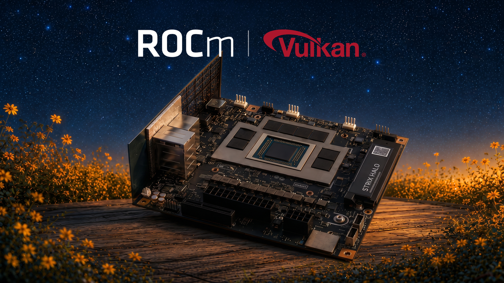 A Strix Halo mainboard on a wooden deck under a starry sky, with the ROCm and Vulkan logos above it
