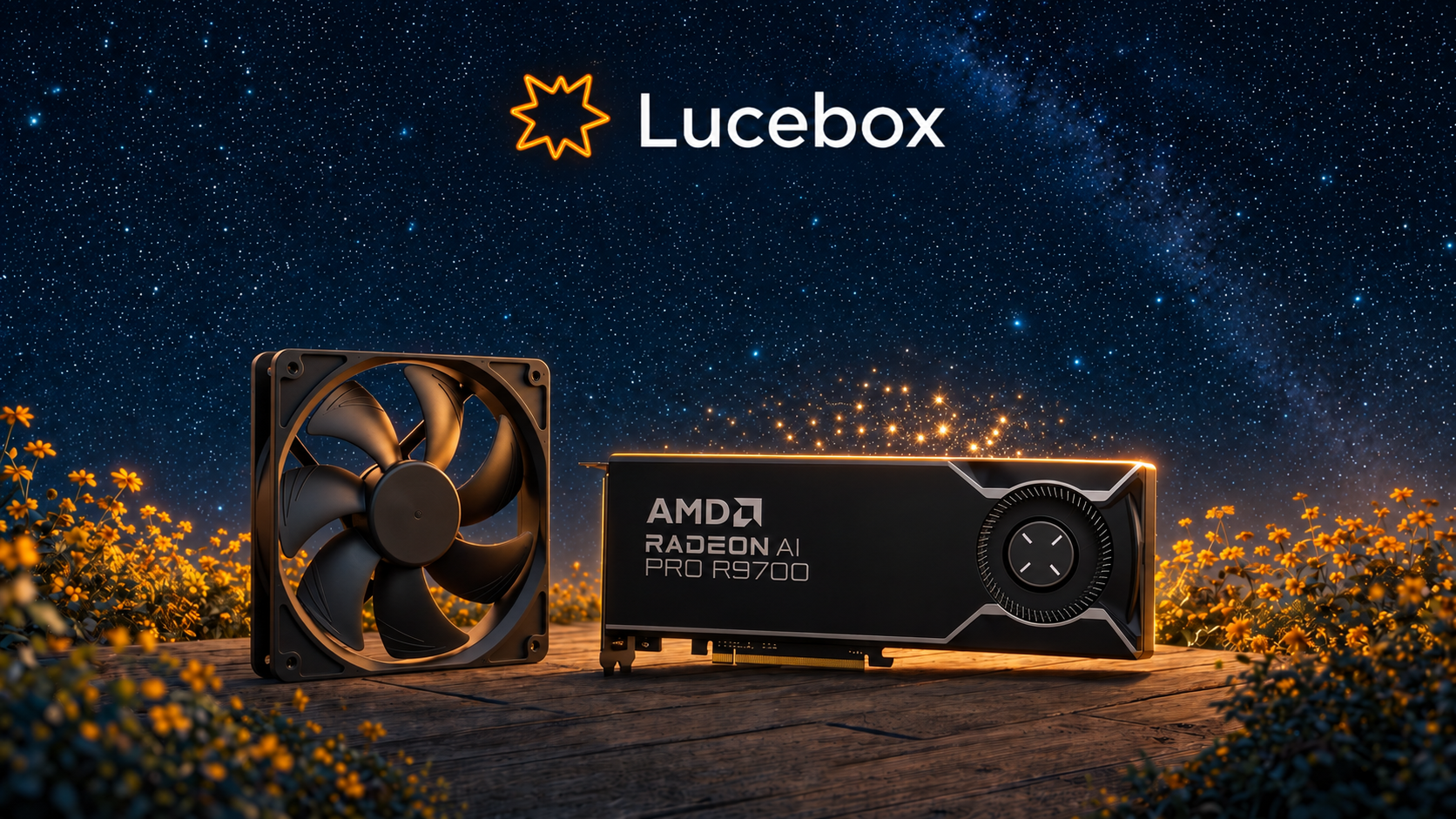 An AMD Radeon AI PRO R9700 and a 120 mm case fan on a wooden deck under a starry sky