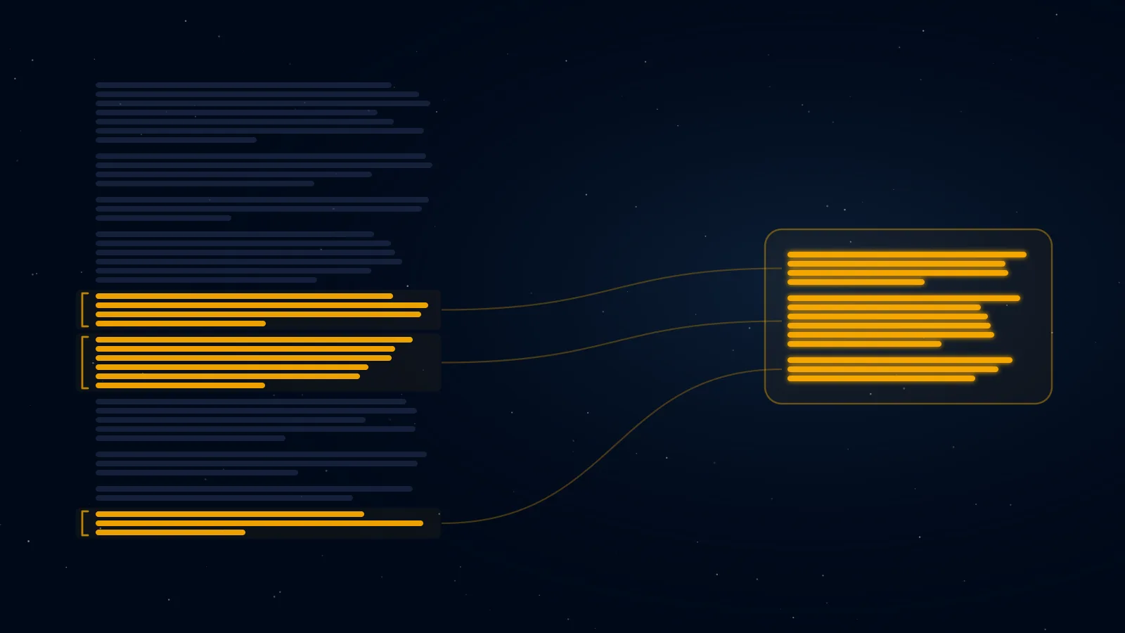 A long document with a few whole units highlighted in gold, flowing into a short compressed prompt