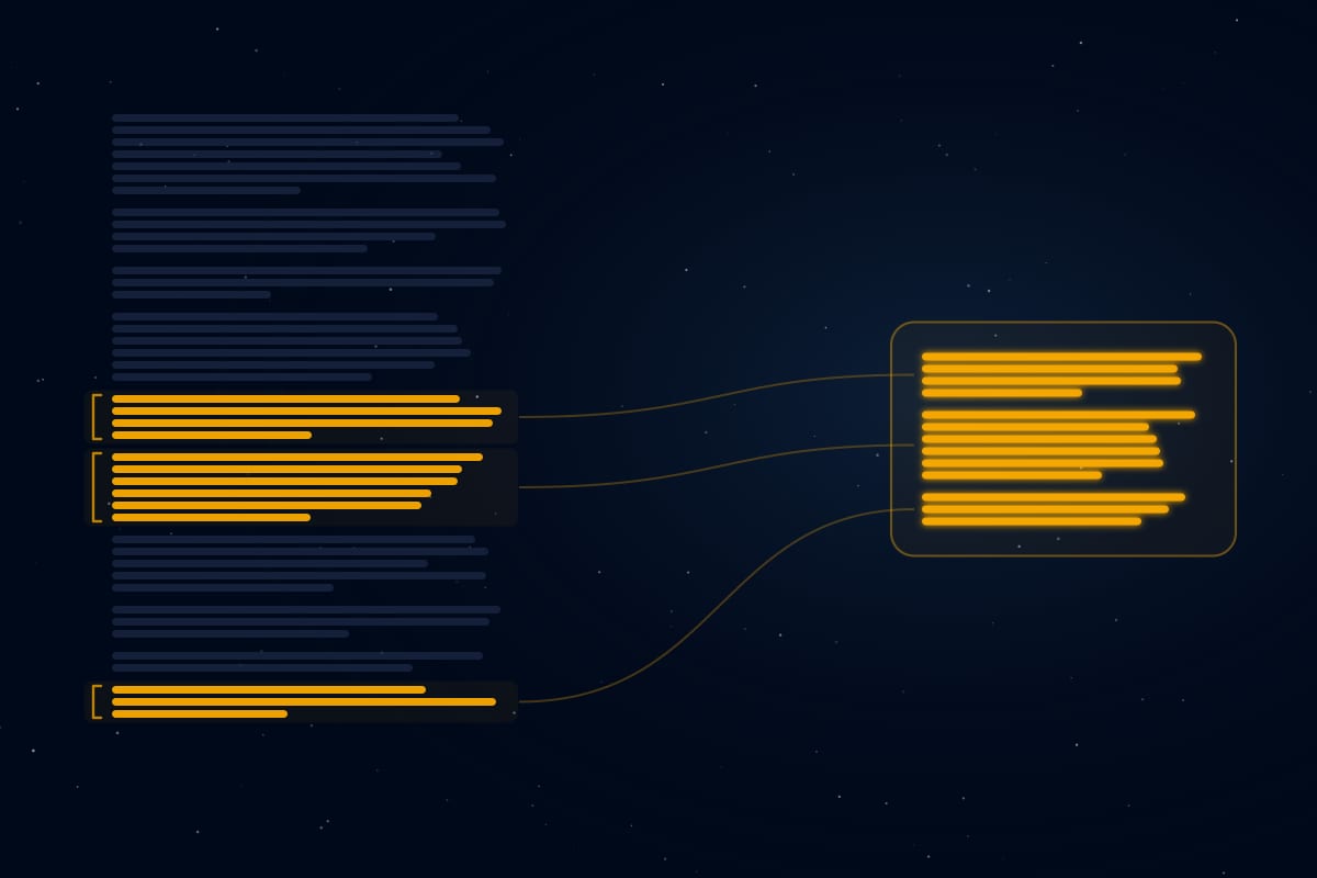 A long document with a few whole units highlighted in gold, flowing into a short compressed prompt