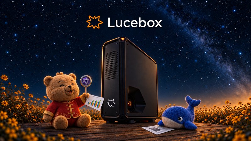The Lucebox tower on a wooden deck under a starry sky, the Qwen bear holding a magnifying glass over a printed bar chart and the DeepSeek whale with a printed diagram