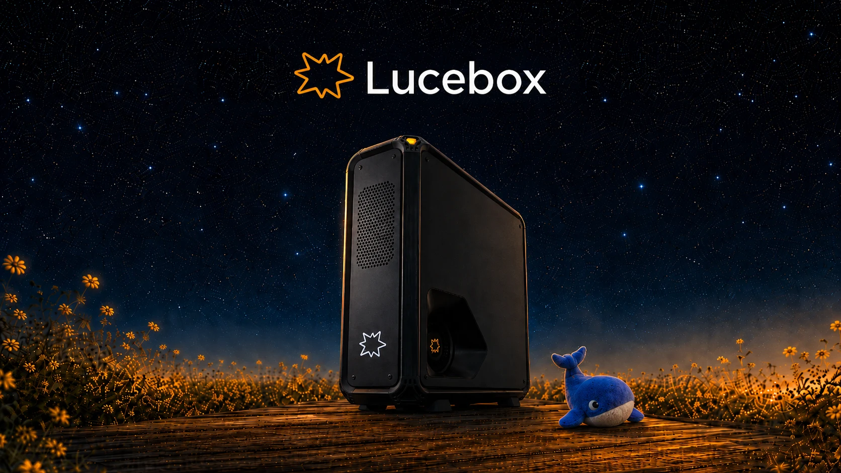 The black Lucebox tower on a wooden deck under a starry sky, with a plush DeepSeek whale next to it