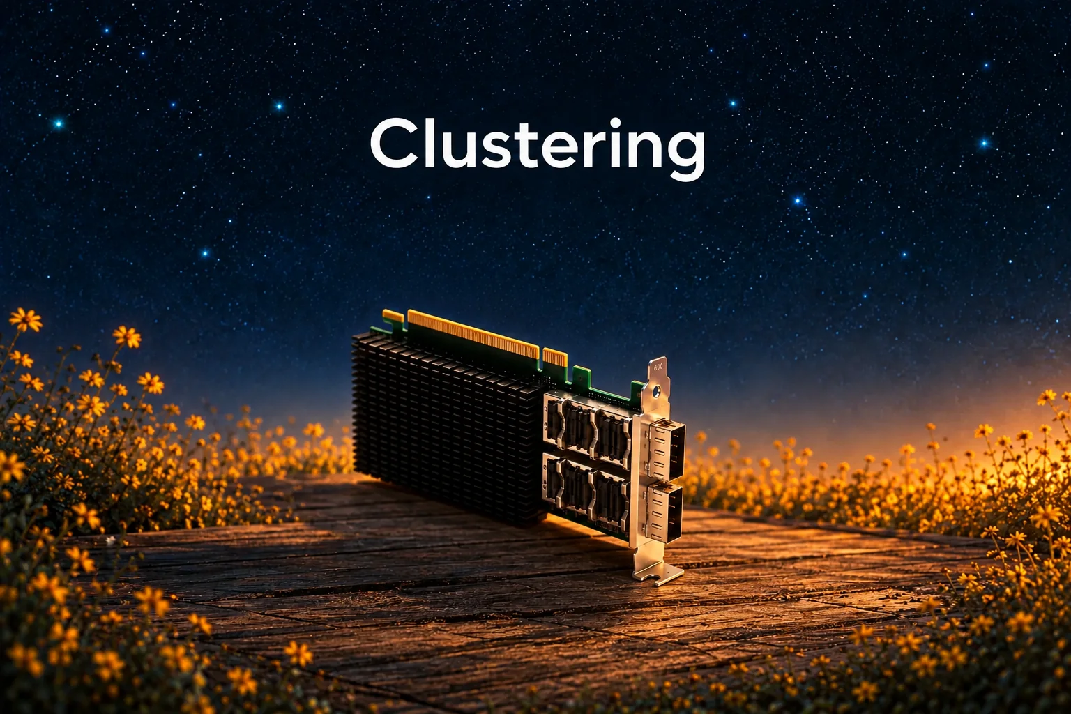A dual-port 100 GbE network card on a wooden deck among yellow flowers under a starry sky, below the word Clustering