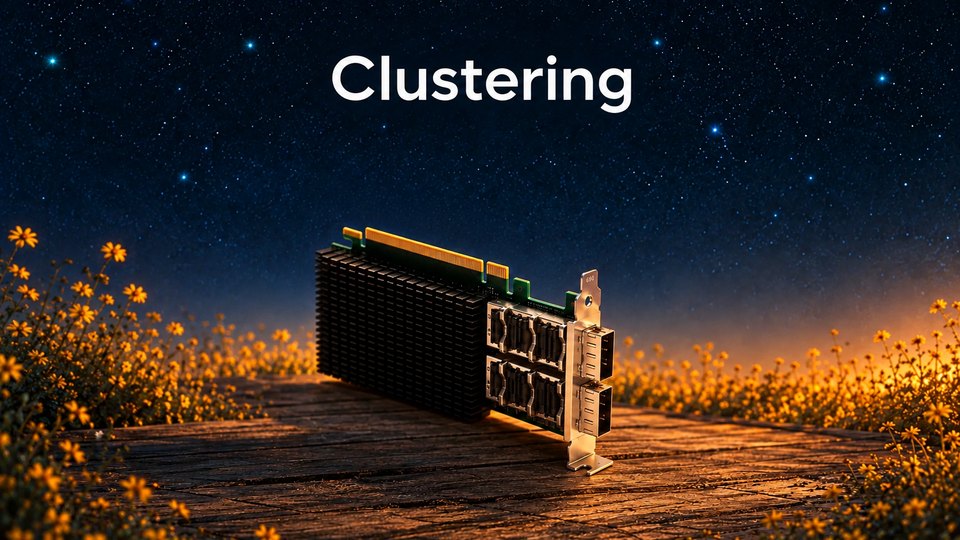 A dual-port 100 GbE network card on a wooden deck among yellow flowers under a starry sky, below the word Clustering