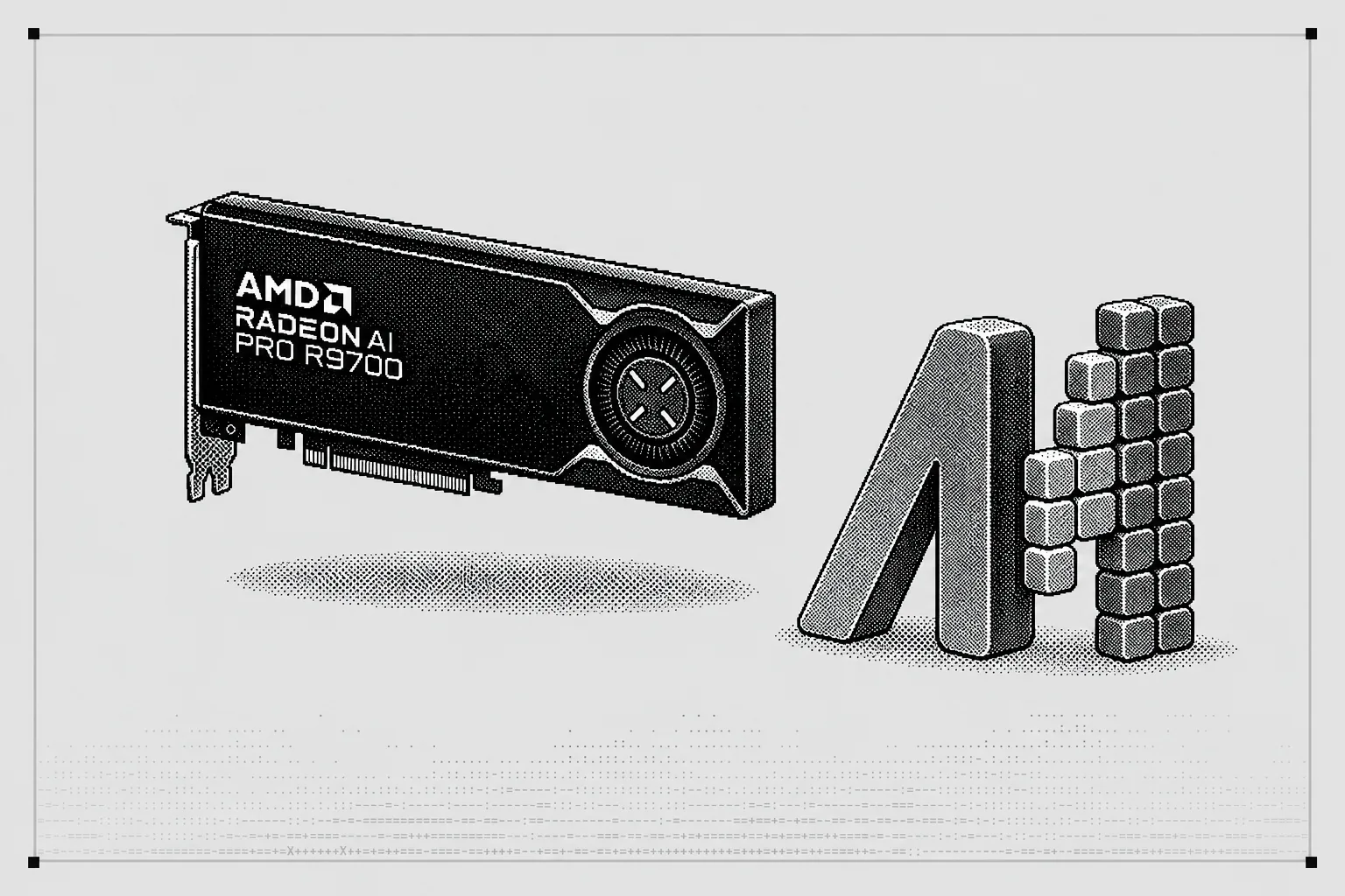 A Radeon AI PRO R9700 graphics card floating above its shadow, beside a large block model of the MOSS-Image logo