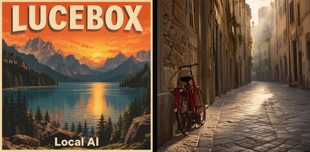 Two 1024x1024 MOSS-Image images from our engine at 8 steps of er_sde and CFG 2.5: a vintage travel poster with the word LUCEBOX over a mountain lake, and a red bicycle against a stone wall in a narrow street