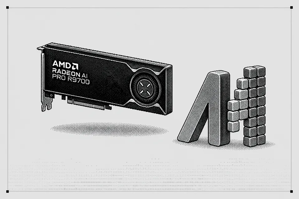 A Radeon AI PRO R9700 graphics card floating above its shadow, beside a large block model of the MOSS-Image logo