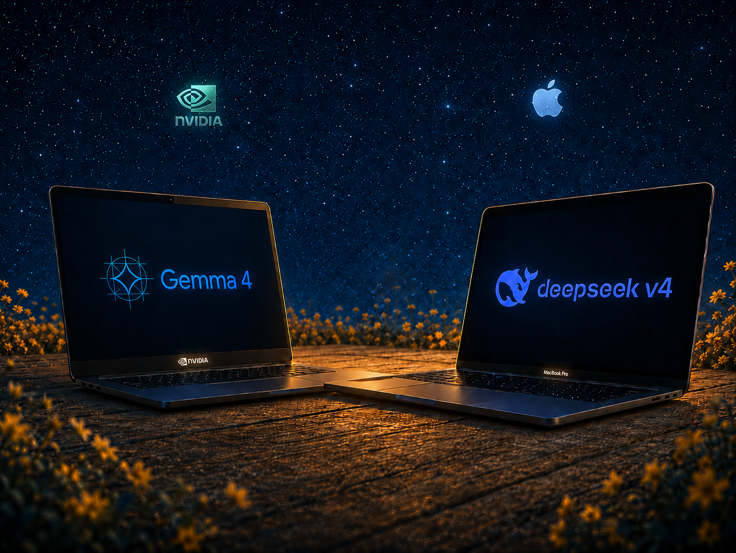 Gemma 4 26B on an RTX 5090 Laptop next to DeepSeek V4 on a MacBook