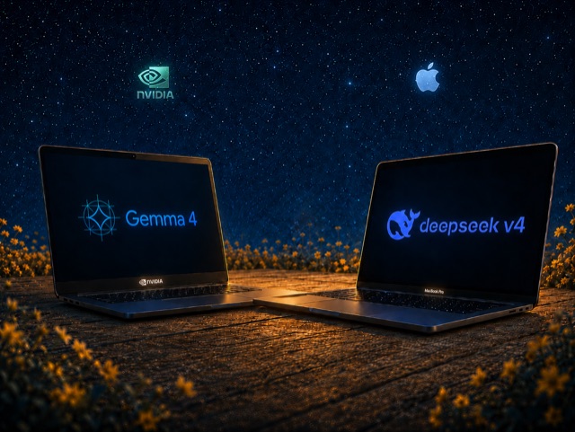 Gemma 4 26B on an RTX 5090 Laptop next to DeepSeek V4 on a MacBook