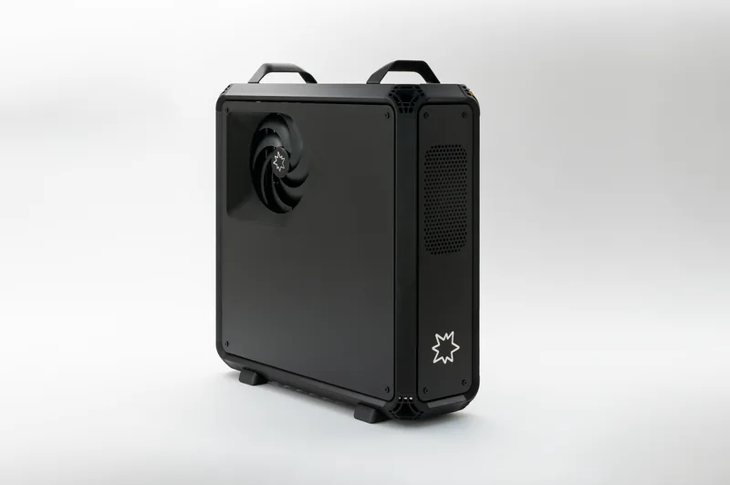 Lucebox workstation, side panel with the fan intake and carry handles