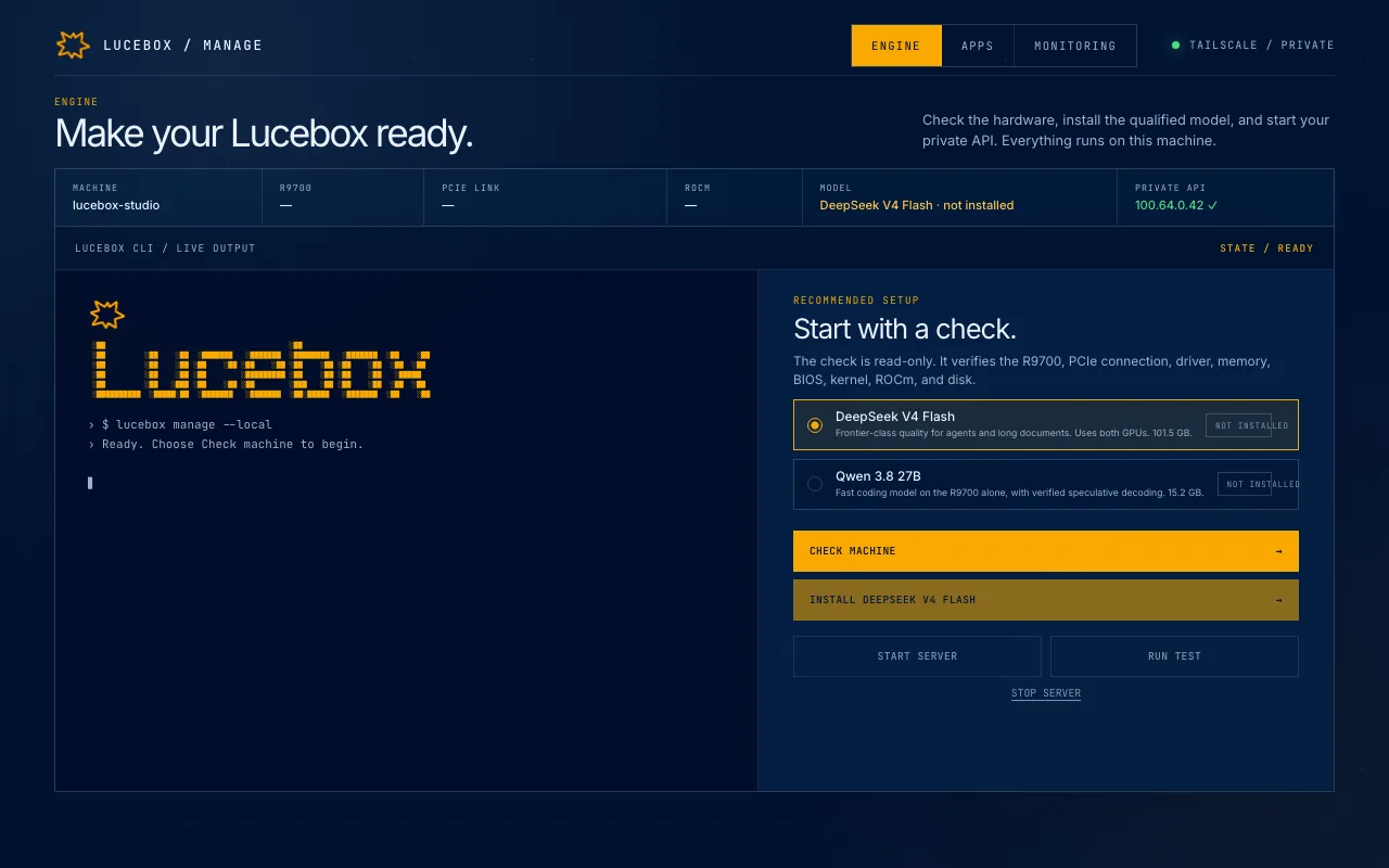 Lucebox Manage, Engine tab: Start with a check, the model catalog and the Check machine button