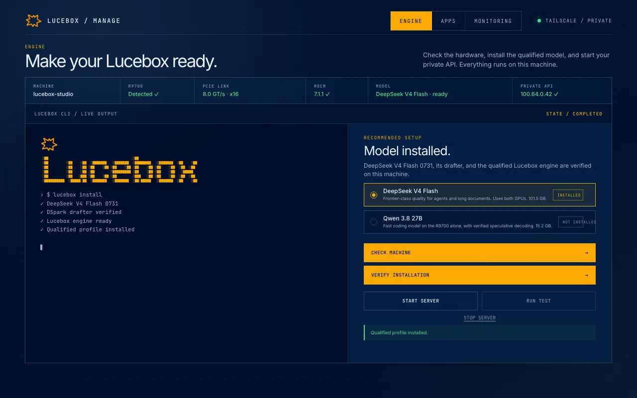 Lucebox Manage, Engine tab: Model installed, DeepSeek V4 Flash ready with the Start workstation button