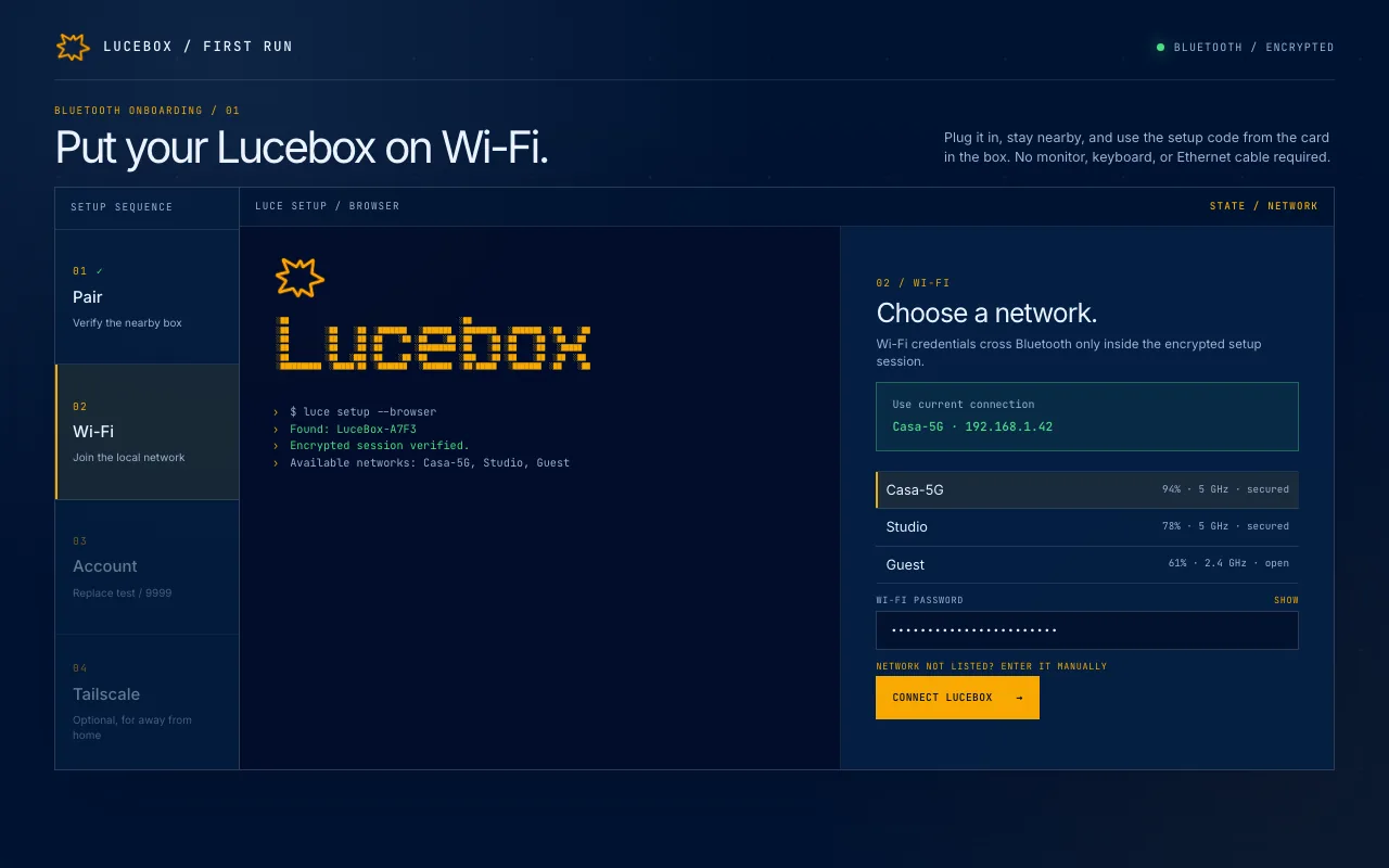 Lucebox setup page, step 2 Wi-Fi: the list of nearby networks and the password field