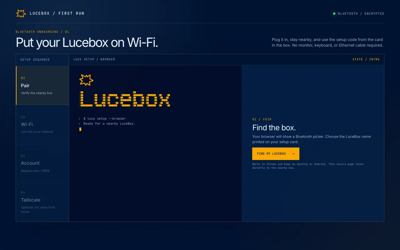 Lucebox setup page, step 1 Pair: Find the box, with the Bluetooth picker button and the setup log